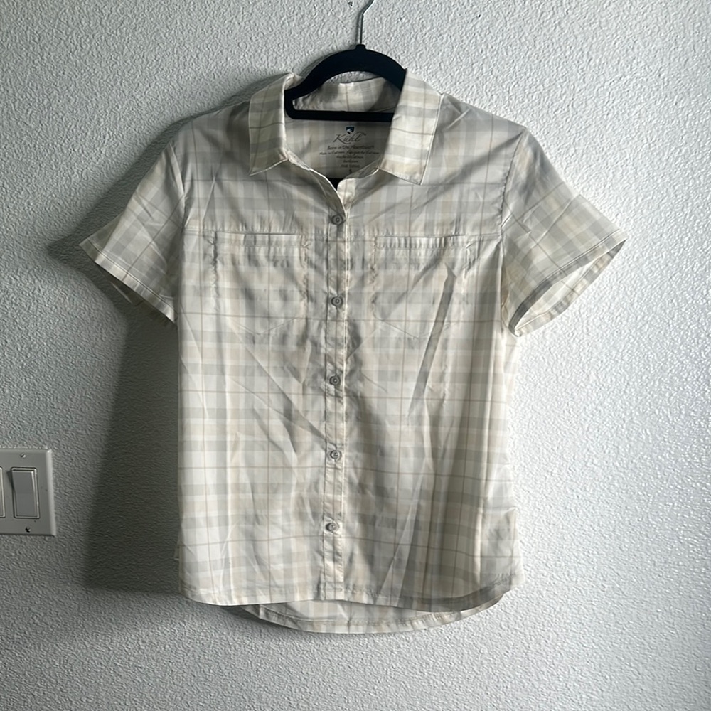 KUHL ivory gray plaid short sleeve button down shirt size small